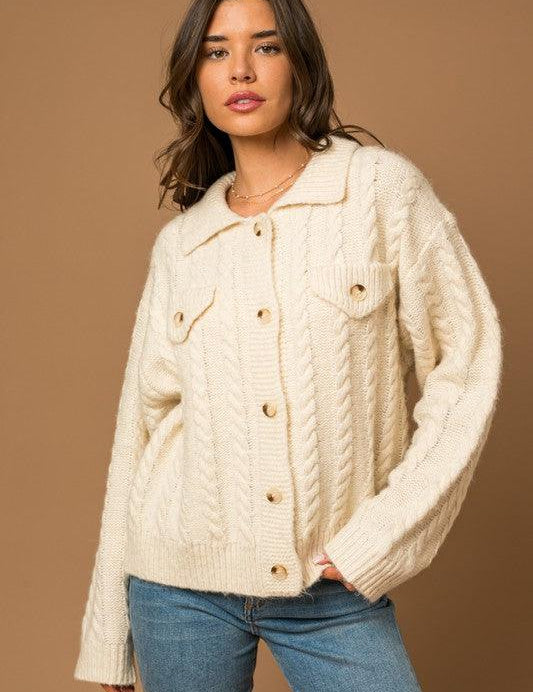 Collared Cable Sweater Cardigan - Sunday Golden