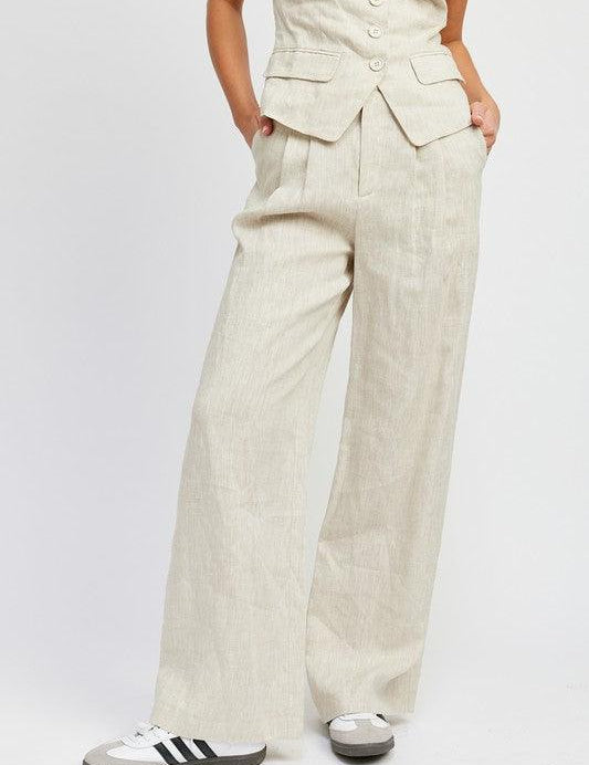 Full Length Pleated Linen Pants - Sunday Golden