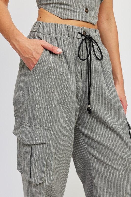 Striped Cargo Pants with Drawstring - Sunday Golden