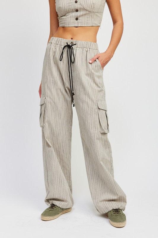 Striped Cargo Pants with Drawstring - Sunday Golden