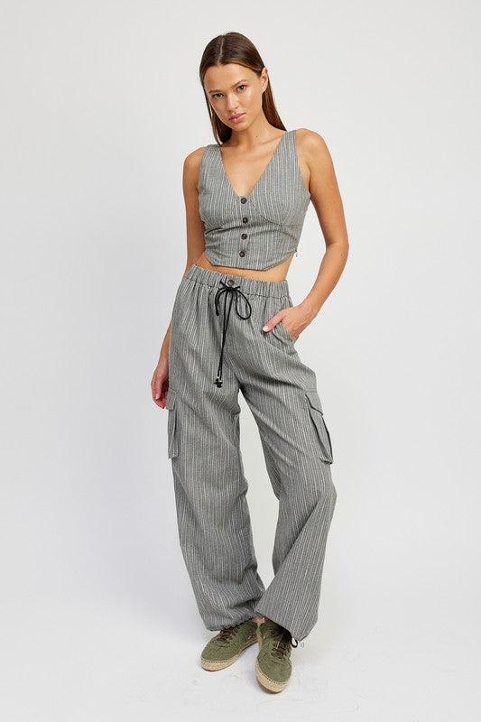 Striped Cargo Pants with Drawstring - Sunday Golden