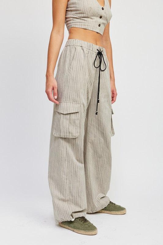 Striped Cargo Pants with Drawstring - Sunday Golden