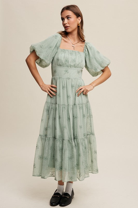 Christy Flower Embroidered Puff Sleeve Tiered Maxi Dress