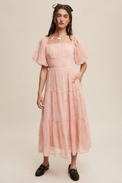 Christy Flower Embroidered Puff Sleeve Tiered Maxi Dress