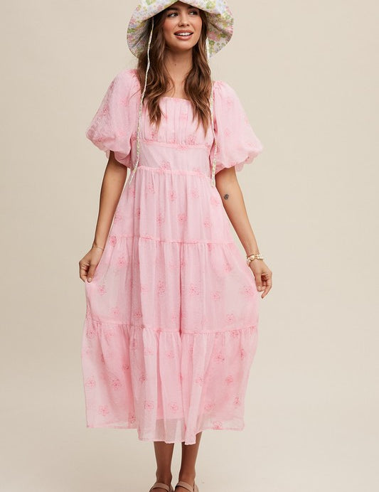 Christy Flower Embroidered Puff Sleeve Tiered Maxi Dress