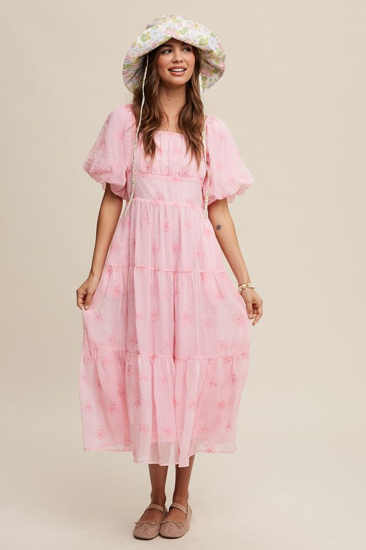 Christy Flower Embroidered Puff Sleeve Tiered Maxi Dress