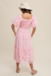 Christy Flower Embroidered Puff Sleeve Tiered Maxi Dress