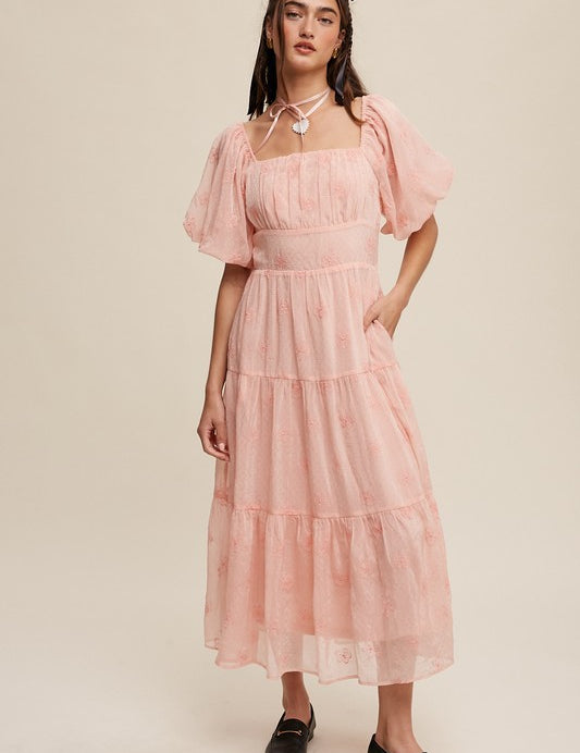 Christy Flower Embroidered Puff Sleeve Tiered Maxi Dress