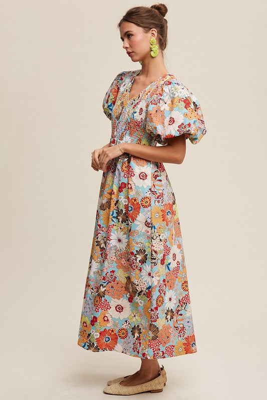 Leah Flower Print Smocked V-neck Puff Sleeve Maxi Dress