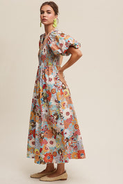 Leah Flower Print Smocked V-neck Puff Sleeve Maxi Dress