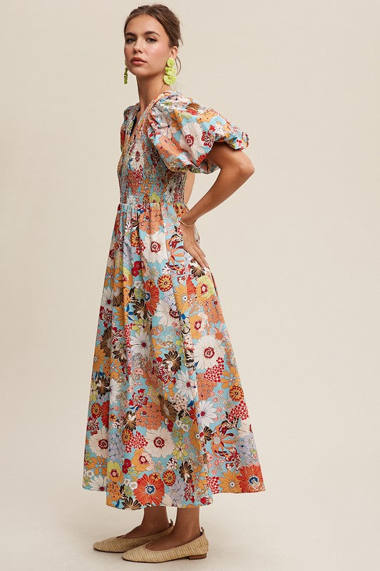 Leah Flower Print Smocked V-neck Puff Sleeve Maxi Dress