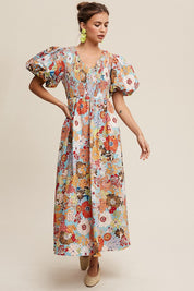 Leah Flower Print Smocked V-neck Puff Sleeve Maxi Dress