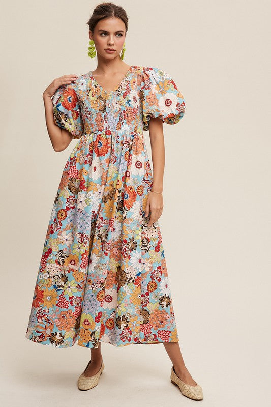 Leah Flower Print Smocked V-neck Puff Sleeve Maxi Dress