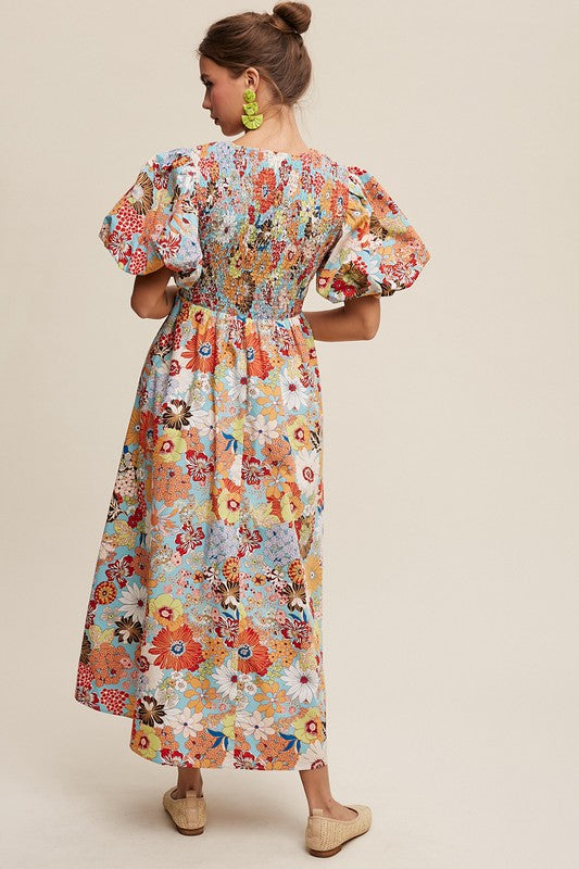 Leah Flower Print Smocked V-neck Puff Sleeve Maxi Dress