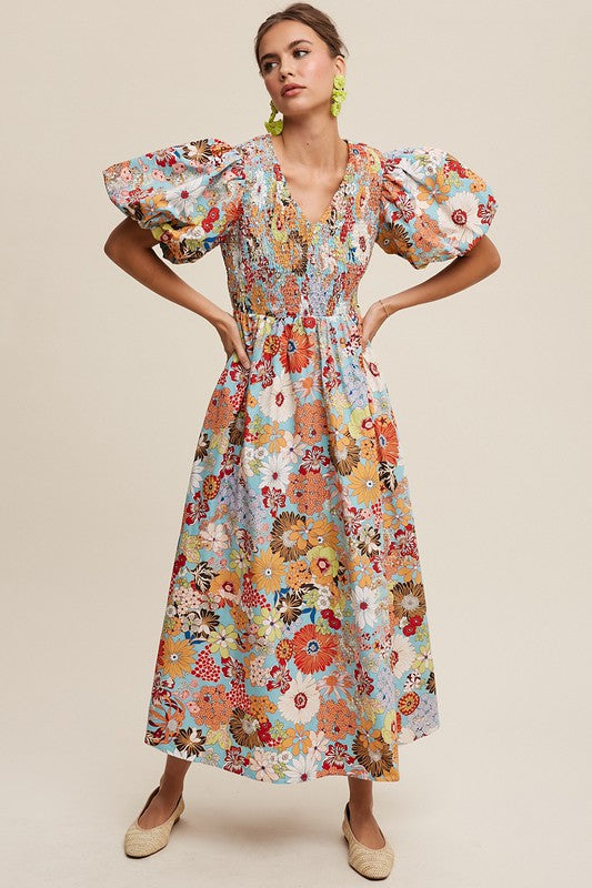 Leah Flower Print Smocked V-neck Puff Sleeve Maxi Dress