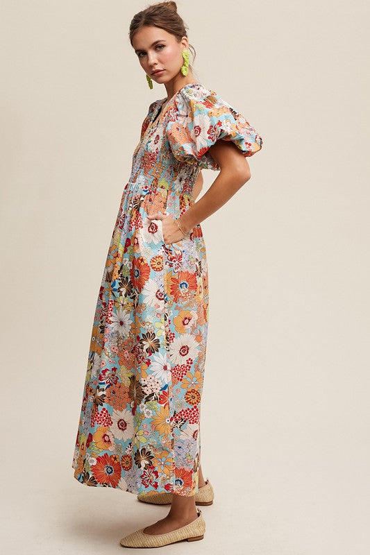 Leah Flower Print Smocked V-neck Puff Sleeve Maxi Dress