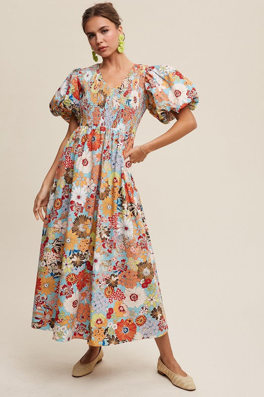 Leah Flower Print Smocked V-neck Puff Sleeve Maxi Dress