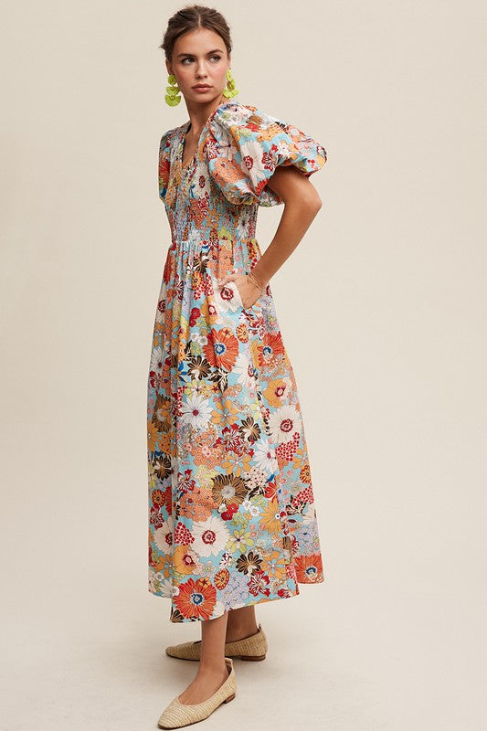 Leah Flower Print Smocked V-neck Puff Sleeve Maxi Dress