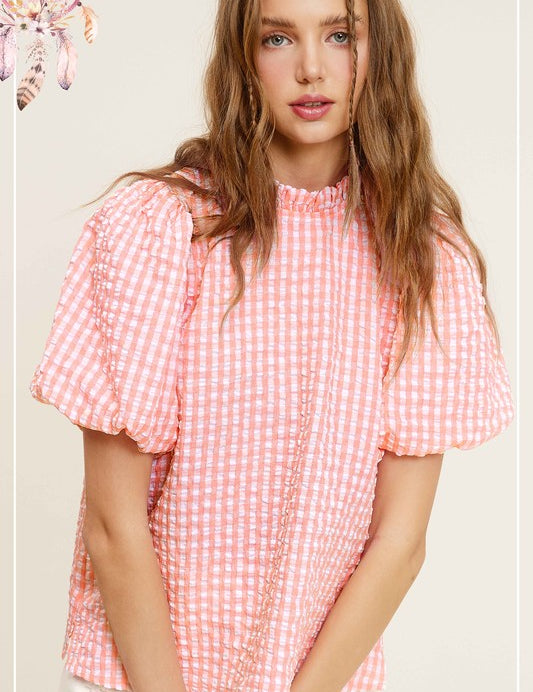 Gingham Check Print Puff Sleeve Top