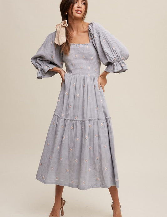 Ditzy Floral Embroidery Puff Sleeve Maxi Dress