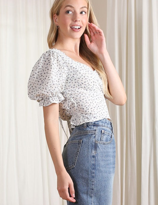 Puff Sleeve Top. Tie back. White with  Floral Print. Feminine Top. 