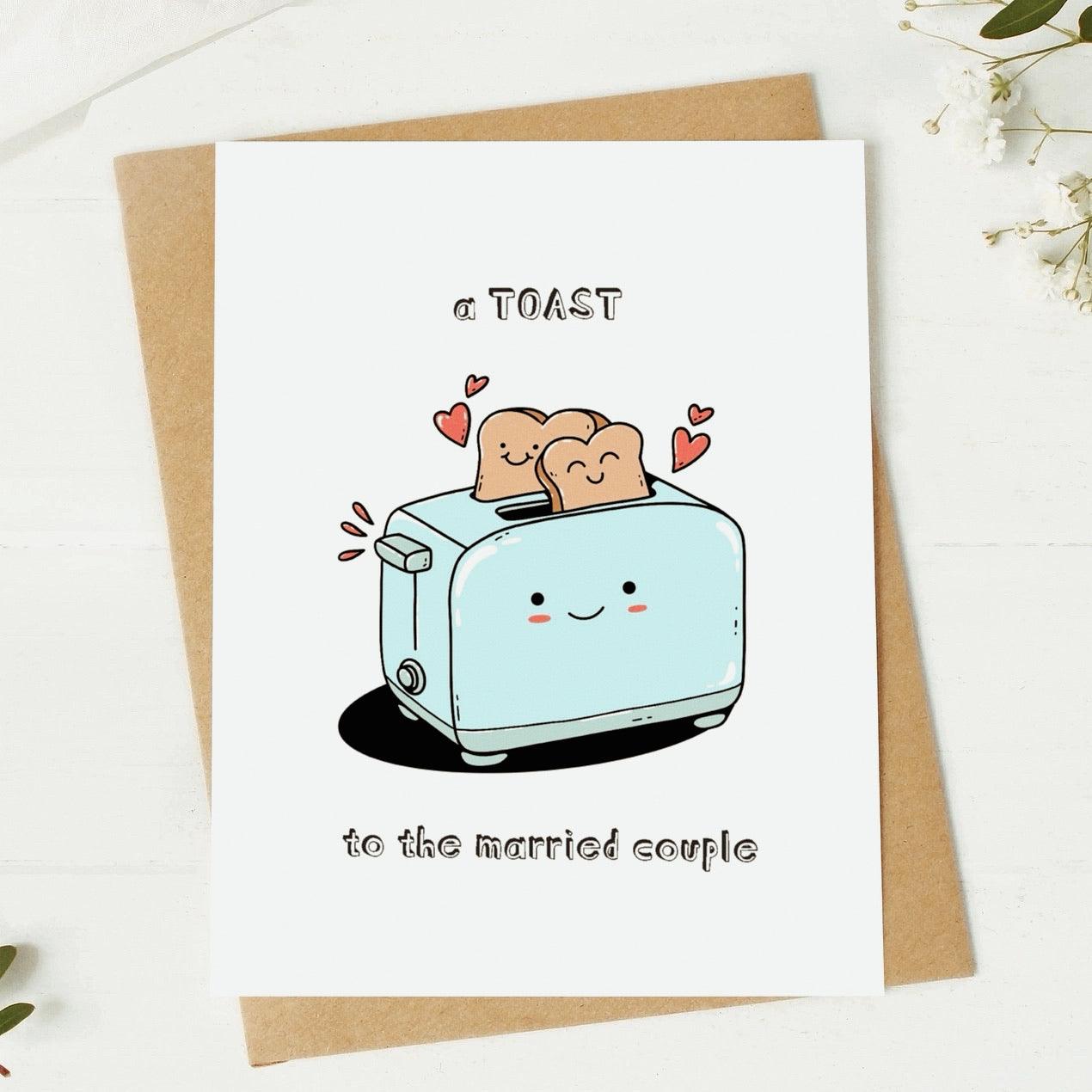 Toast To The Married Couple hand drawn card. Wedding Card. Flat lay with envelope. 