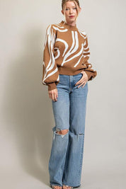 Ziggy Mock Neck Printed Sweater with a swirl print. Puffy balloon sleeves.