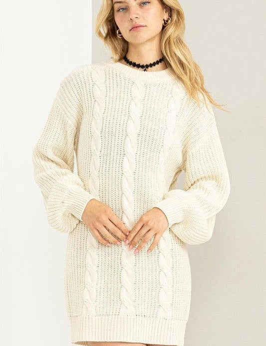 Cable-Knit Ribbed Mini Sweater Dress - Sunday Golden