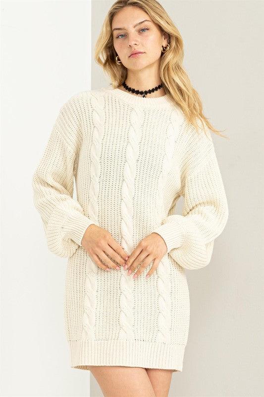 Cable-Knit Ribbed Mini Sweater Dress - Sunday Golden