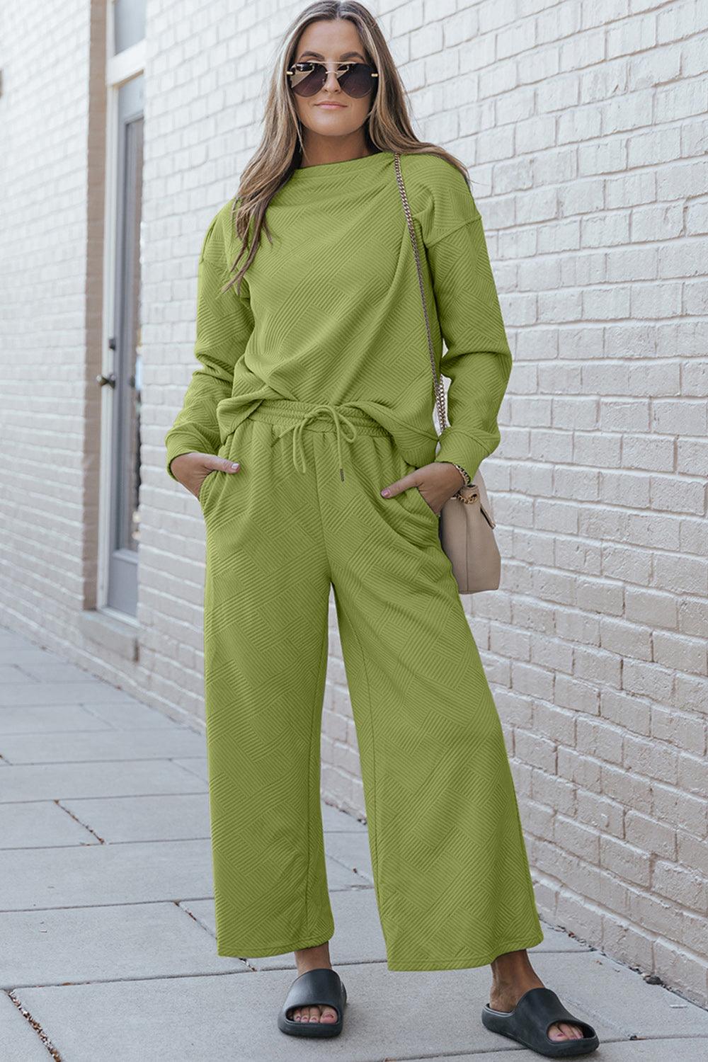 Textured Long Sleeve Top and Drawstring Pants Set - Sunday Golden