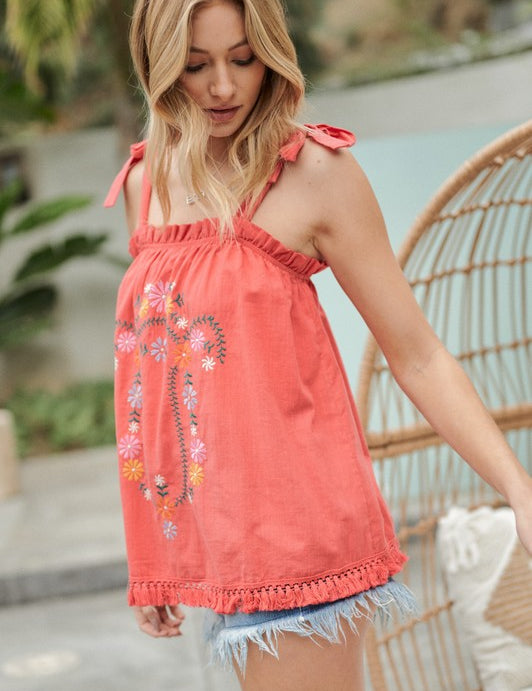 Embroidered Sleeveless Ruffle Tank Top