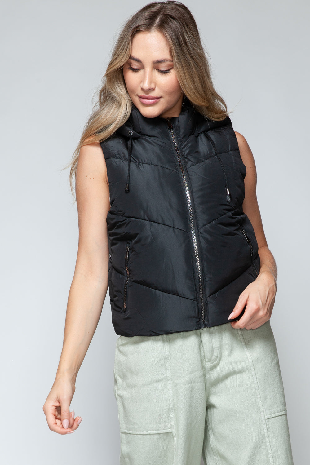 Zip Up Quilted Hooded Vest | Black