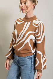 Ziggy Mock Neck Printed Sweater with a swirl print. Puffy balloon sleeves.