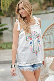 Embroidered Sleeveless Ruffle Tank Top