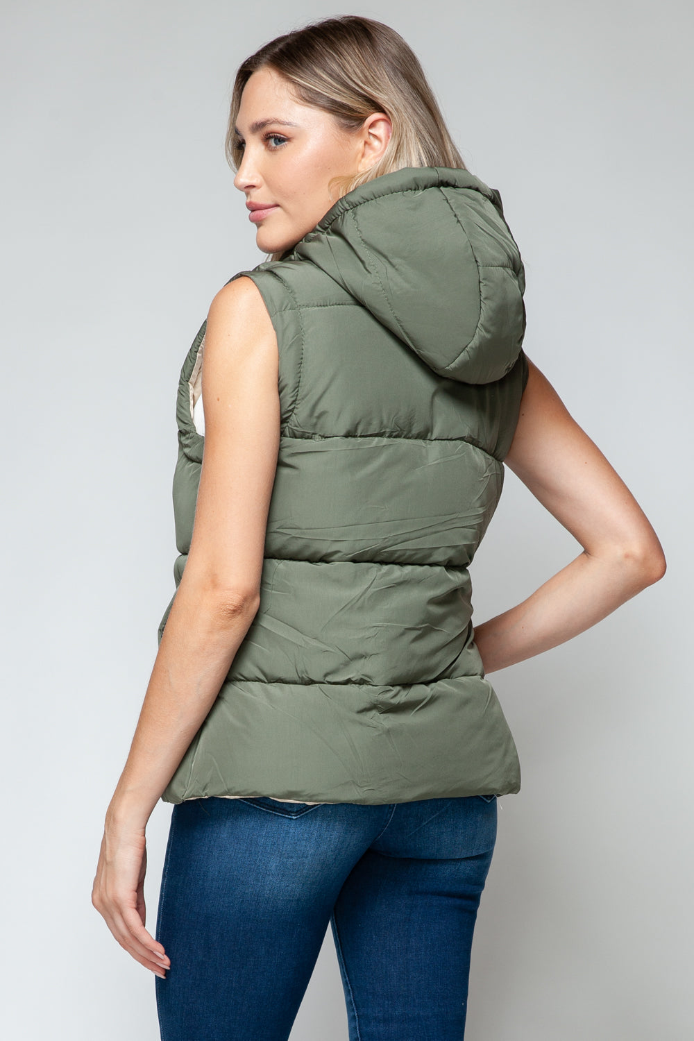 Snap and Zip Closure Hooded Vest | Olive