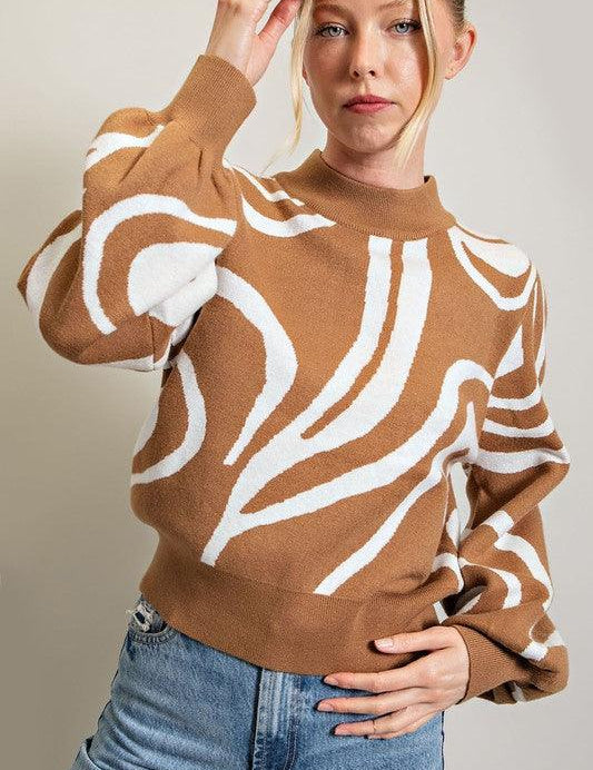 Ziggy Mock Neck Printed Sweater with a swirl print. Puffy balloon sleeves.