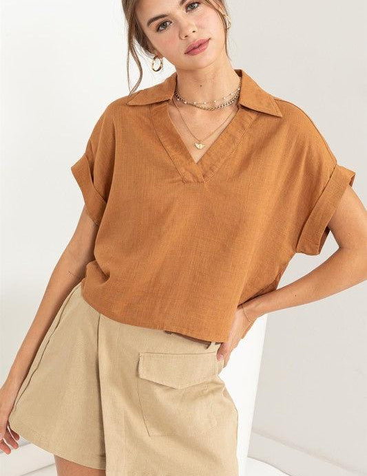 Always a Delight Short Sleeve Linen Top - Sunday Golden