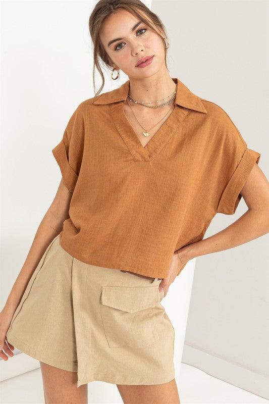 Always a Delight Short Sleeve Linen Top - Sunday Golden