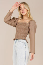 Forever Femme Floral  Smocked Neck Top. Brown Checks Color. 