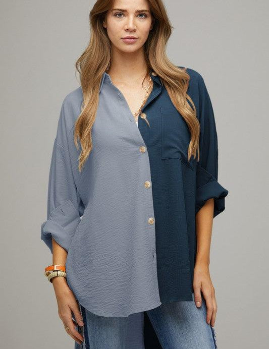 Cassie Color Block Button Down Shirt - Sunday Golden