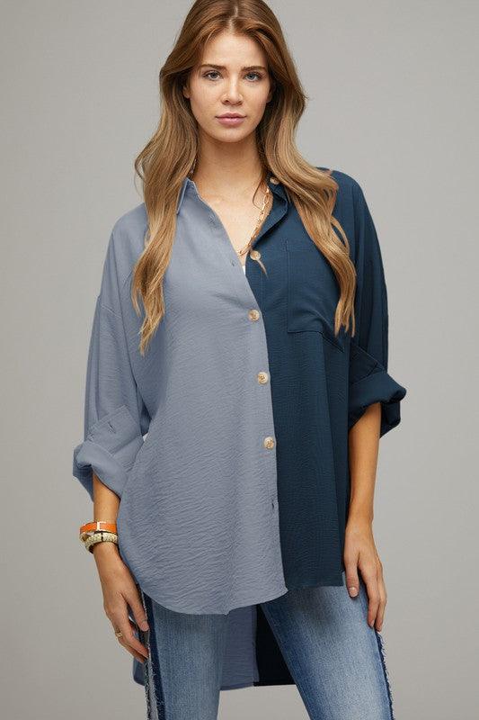 Cassie Color Block Button Down Shirt - Sunday Golden