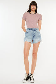 Distressed High Waist Denim Shorts with Pockets