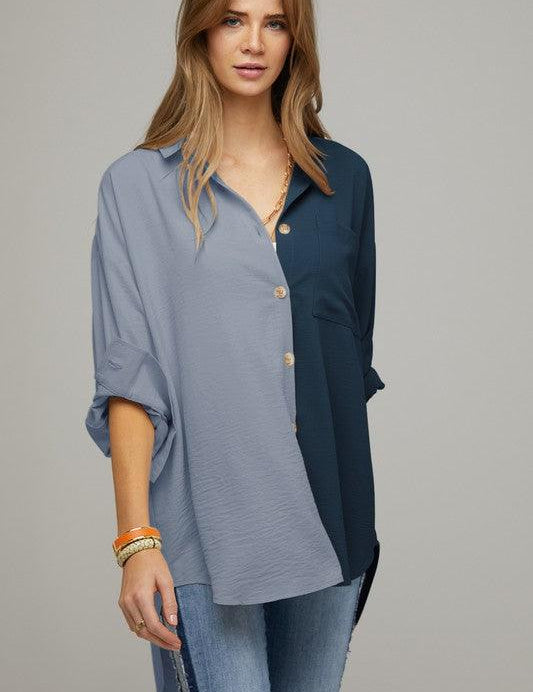 Cassie Color Block Button Down Shirt - Sunday Golden