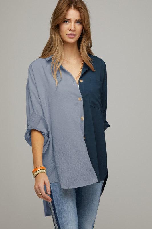 Cassie Color Block Button Down Shirt - Sunday Golden