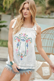 Embroidered Sleeveless Ruffle Tank Top