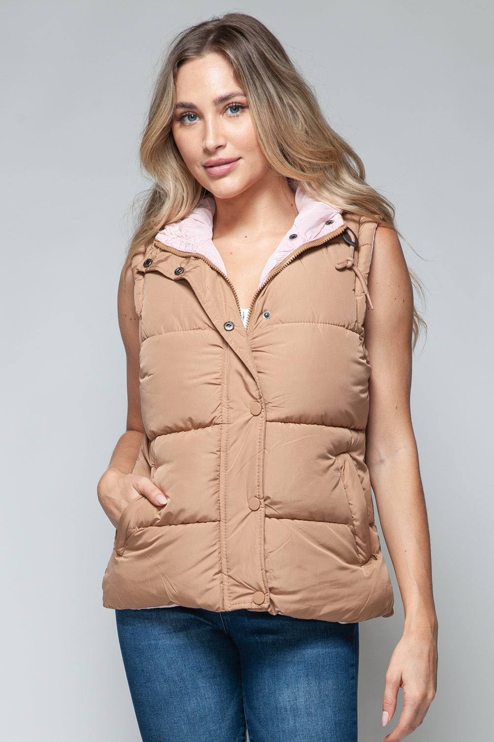 Snap and Zip Closure Hooded Vest | Camel