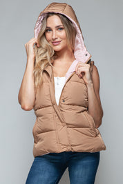 Snap and Zip Closure Hooded Vest | Camel