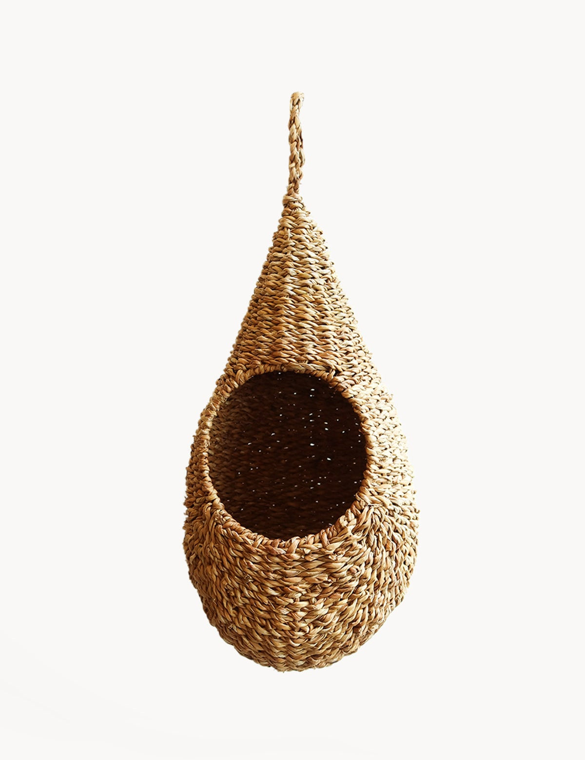 100% natural fiber - seagrass. sustainably handmade. Approximately  17.5" tall x 8.5" round. Teardrop shaped hanging planter.