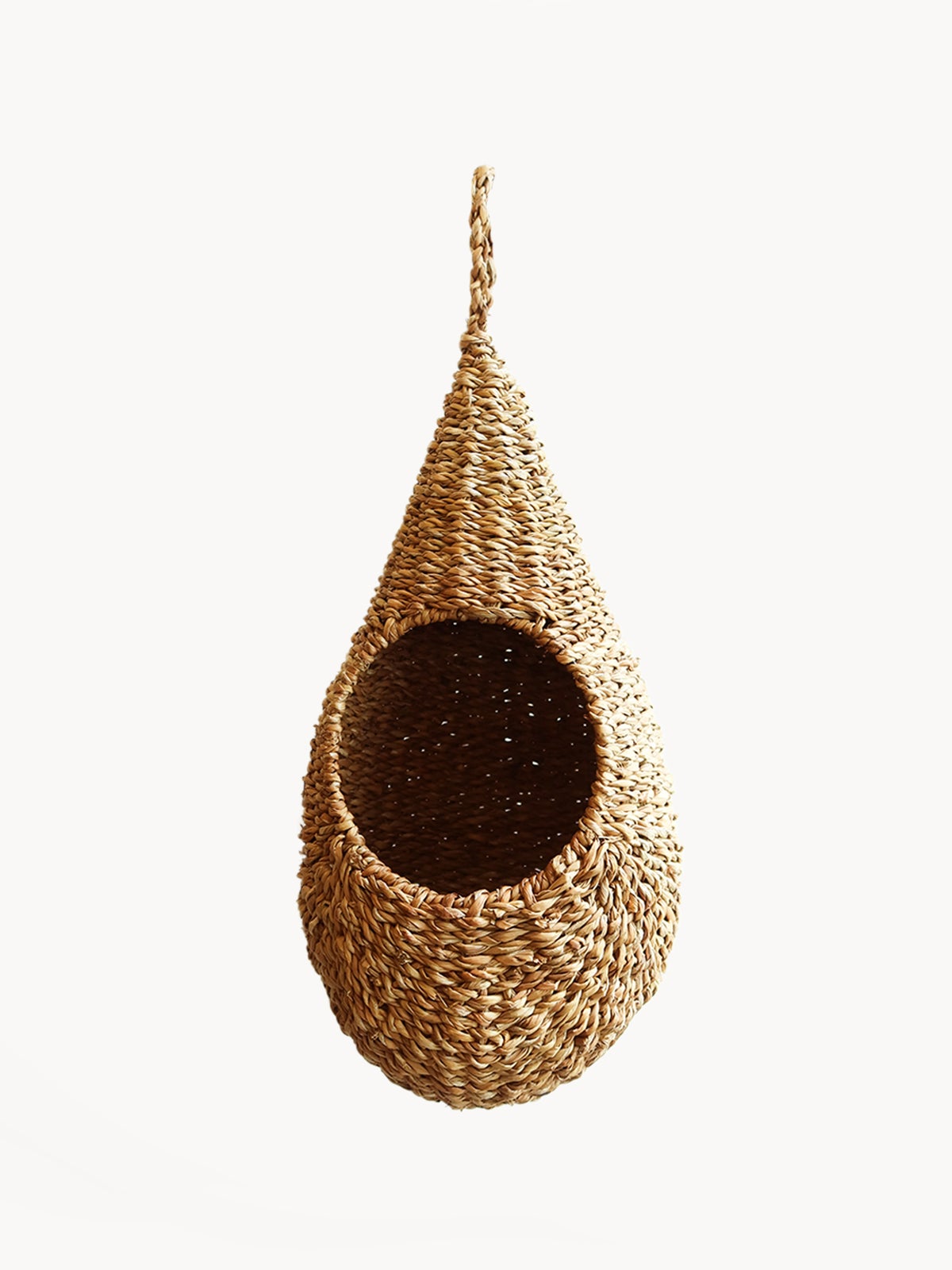 100% natural fiber - seagrass. sustainably handmade. Approximately  17.5" tall x 8.5" round. Teardrop shaped hanging planter.