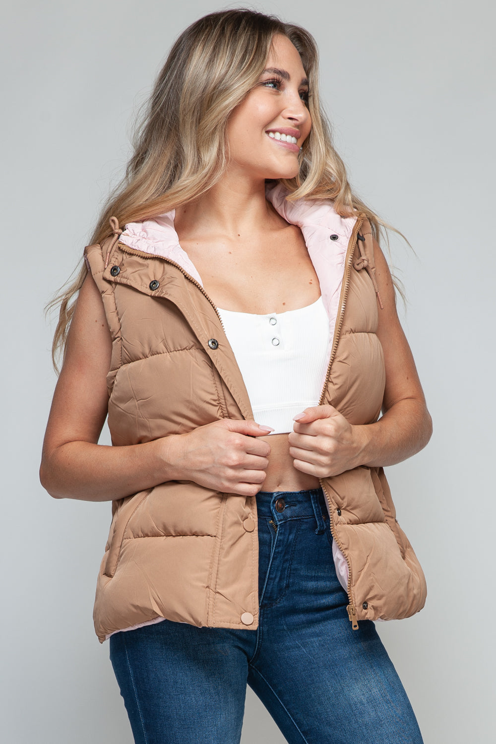 Snap and Zip Closure Hooded Vest | Camel